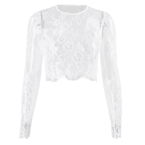 Women's Solid Splicing Mesh Perspective Slim Long Sleeve Sexy Short Shirt - Picture 5 of 22