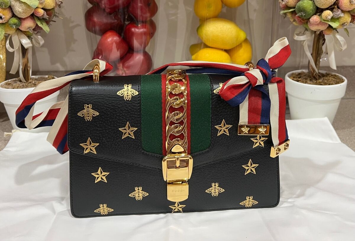 NWT, Gucci Sylvie Bee Star BLACK Leather Shoulder Bag | eBay NWT, Gucci Sylvie Bee Star BLACK Leather Shoulder Bag | eBay