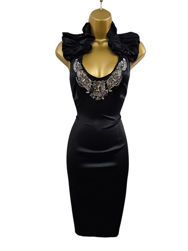 Karen Millen 12 UK Vintage Silk Pencil Dress Black Beaded Jewel Neck Cocktail - Picture 4 of 15