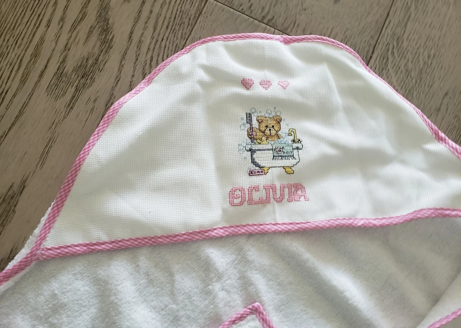 Baby Girl Hooded Bath White/Pink Turkish Cotton large embroidered "Olivia"