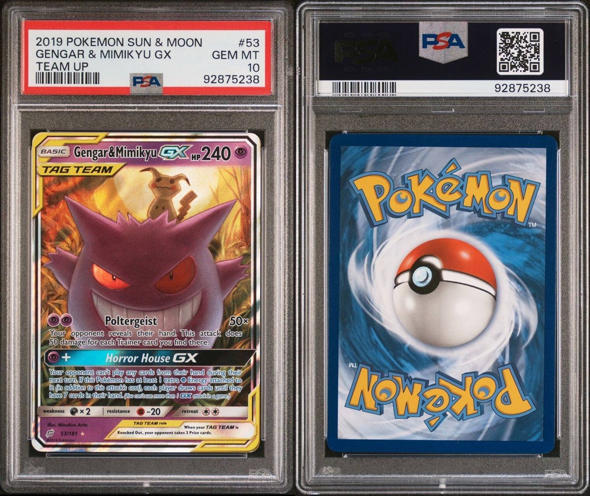 PSA10 GEM MINT Gengar Mimikyu GX RR SM9 2018 GENGAR MIMIKYU