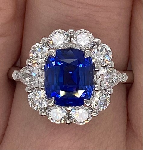 Blue Sapphire & Lab Grown Diamond Wedding Ring 14K White Gold 4.00 Ct Cushion - Picture 7 of 10