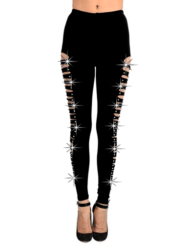 Neu Bling Bling Baumwolle Strass Leggings Cut Out, gerippt S, M, L, XL - Bild 2 von 3