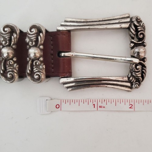 Brighton brown leather braided woven silver tone engraved buckle western belt M - Picture 3 of 10