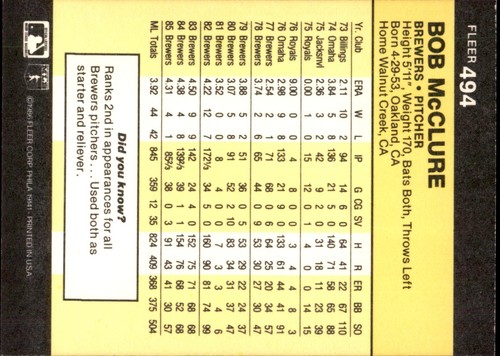 Bob McClure #494 1986 Fleer - Picture 2 of 2