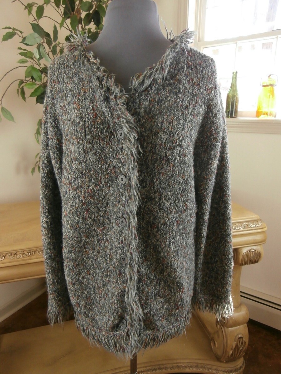 COLDWATER CREEK SIZE MED CONFETTI TWEED FRINGED LONG SLEEVE CARDIGAN SWEATER