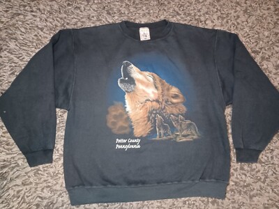 Vintage 90s Wolf Pack Howling Graphic Crewneck Sweatshirt Nature Black XL