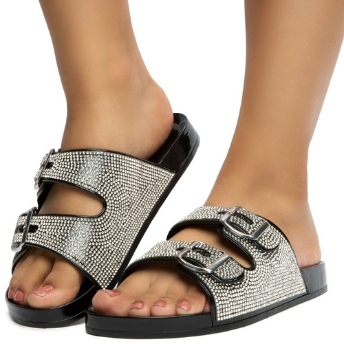NEW Sparkle Rhinestone Buckle Open Toe Slide Sandal Flat Flip Flops Slipper Shoe - Picture 2 of 19