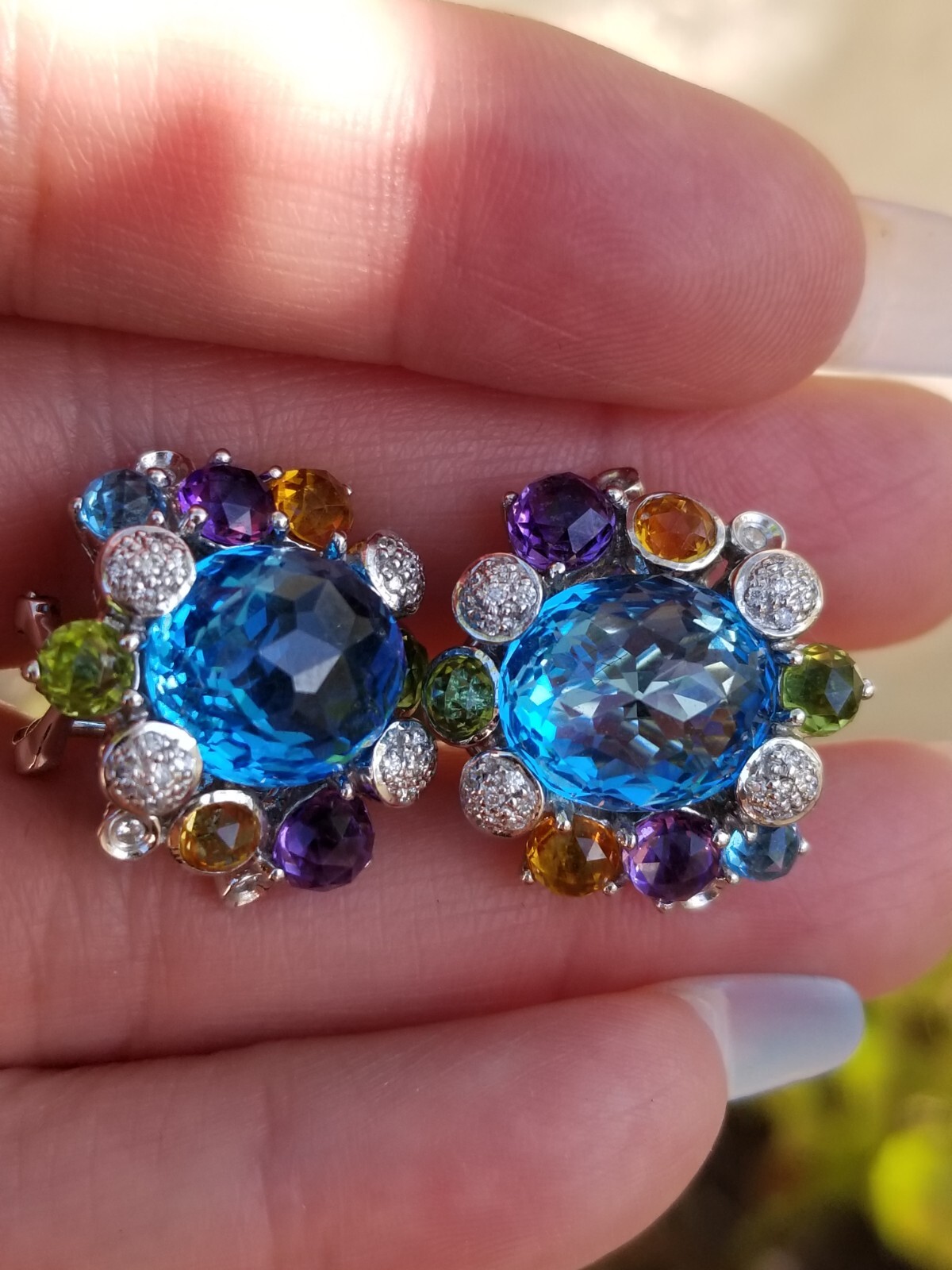 14TCW Fashion Multi Gem Diamond Cluster 18k white gold earrings eBay