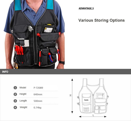 Makita Carpenter Electrician Construction Utility Hand Tool Vest Mens Work Wear - Picture 4 of 4