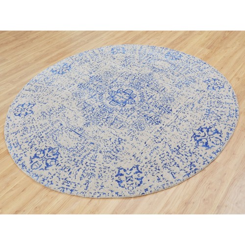 8'x8' Blue Wool and Silk Mamluk Design Jacquard Hand Loomed Round Rug R58118 - Picture 4 of 12