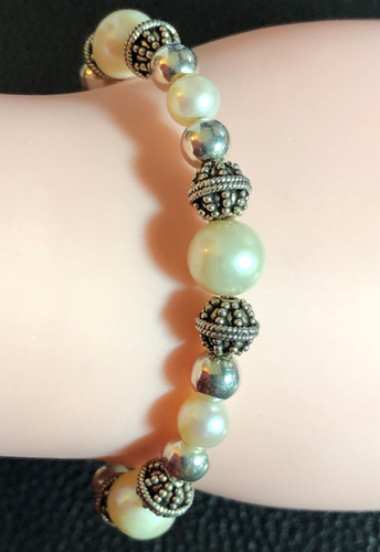 Sterling Silver Freshwater Pearl Bali Bead Bracelet 6-9mm 6.25" 14g 925 3173 - 第 2/10 張圖片