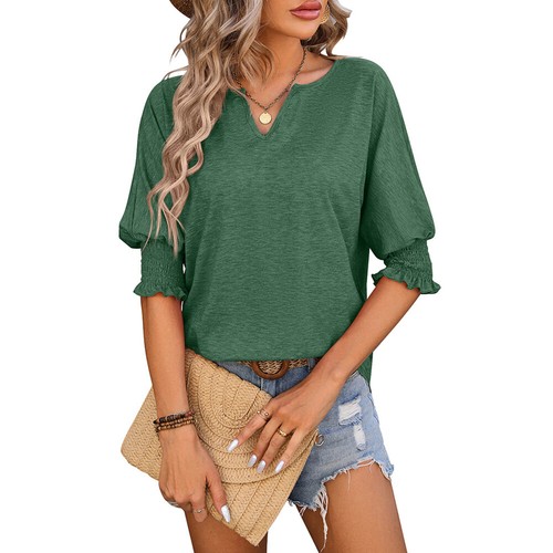 Halb Puffärmel V-Ausschnitt Tops Bluse T-Shirts Tunika T-Shirt Pullover einfarbig schlicht - Bild 16 von 17