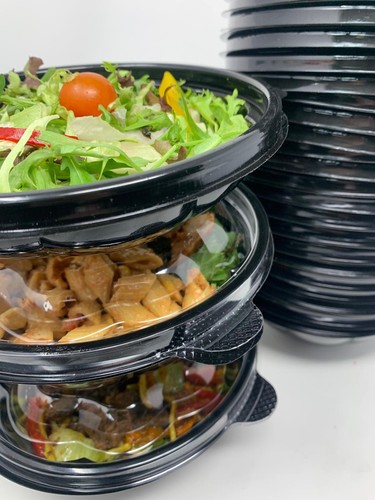 Black Plastic Salad Bowls Reusable Takeaway Container Bowl Clear Lids Food Meal - Picture 17 of 38
