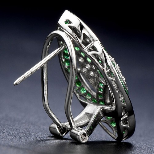 14K White Gold Emerald and Diamond Art Deco Style Floral Omega Earrings - Picture 6 of 12