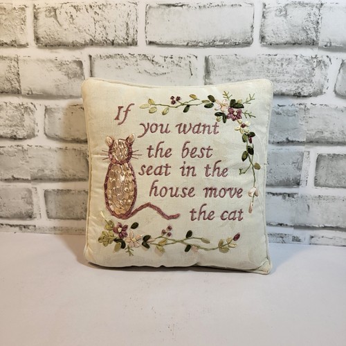 Vintage Cottagecore Throw Pillow 9x9” Ribbon Embroidery Cat Decor - Picture 1 of 6