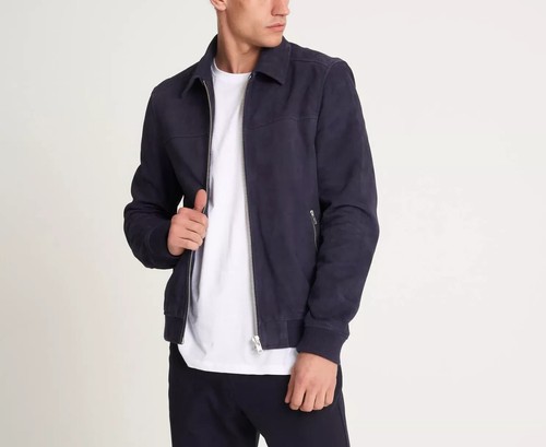Herren Stylis Marineblau Bomber Lederjacke Reines Wildleder Maßanfertigung Denim Stil - Bild 3 von 7
