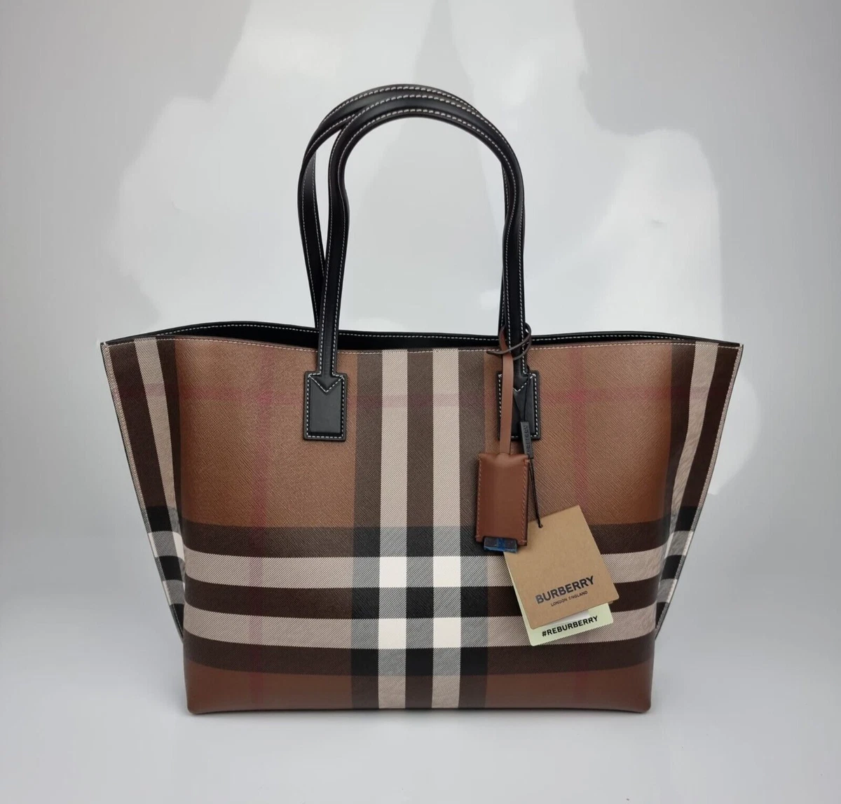 Burberry Medium TB Dark Birch Brown Canvas Check Tote Bag New