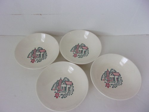 4 Dessert Bowls Dishes ( 5 1/4") House Trees Flower-Unknown Maker - Picture 3 of 5