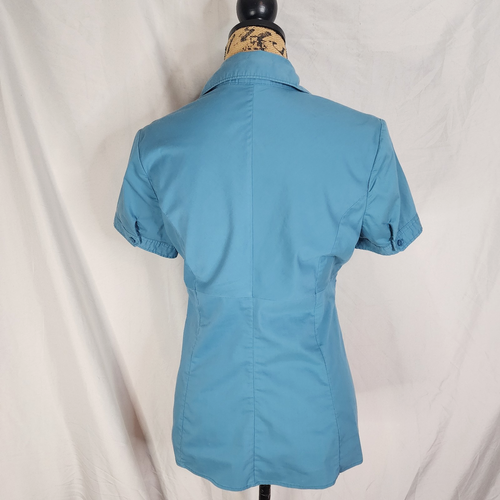 Y2K NEW YORK & COMPANY Size 6 Blue Twist Front Short Sleeve Career Chic Blouse - Picture 4 of 10
