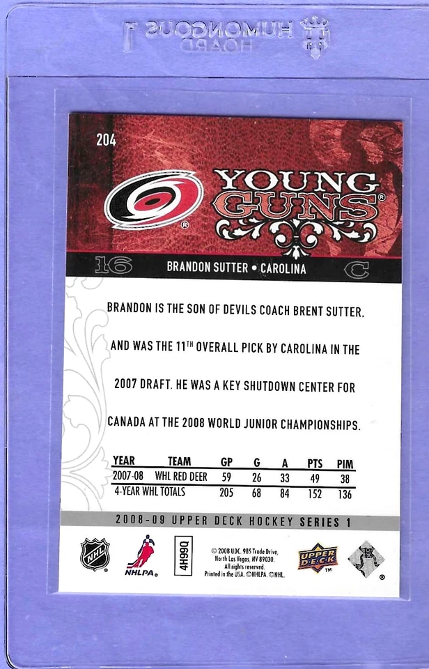 2008-09 Upper Deck Brandon Sutter Young Guns Carolina Hurricanes #204 Mint+ - Image 2 of 2