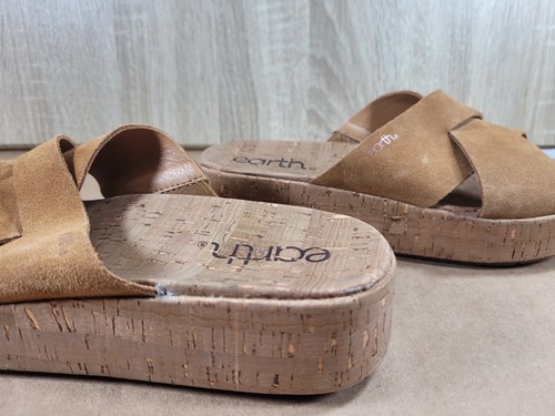 Earth Sandals Leather Size 8.5 Suede & Cork Slide-On Wedge Casual Boho Shoes - Picture 6 of 15