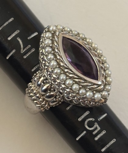 Heavy STERLING DOUBLE BRACKET AMETHYST RING OUTLINE IN PEARLS EYE SHAPE JC