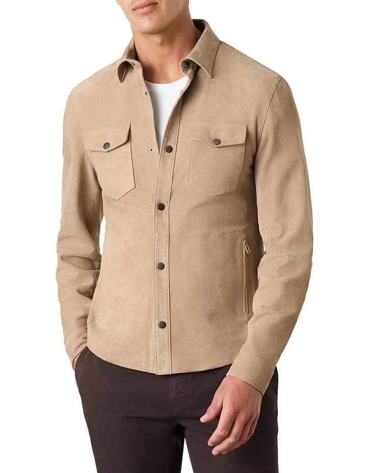 Leather Shirt Jacket for Men Beige Pure Suede Custom Made Size XS S M L XXL 3XL