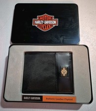 Men's Harley Davidson Black Ballistic/Leather Flipfold Wallet New In Gift Box