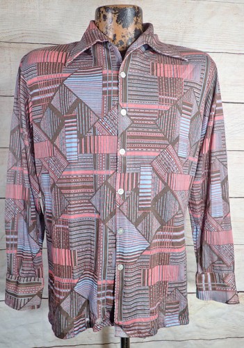 Vintage 60's 70's Disco Shirt Brown Blue Pink Abstract Polyester Kmart Mens M