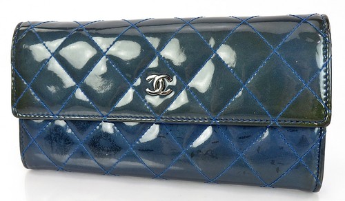 Authentic CHANEL Blue Quilted Patent Leather CC Long Wallet Coin Purse #62843