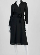 Tahari ASL Women Black Satin Surplice Self-Tie Hammered Shirt Dress Size 6