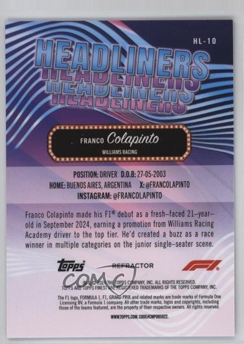 2024 Topps Finest Fórmula 1 Headliners Refractor Franco Colapinto #HL-10 - Imagen 2 de 4