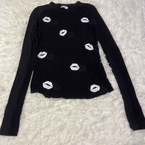 Top Lauren Moshi Talla M Negro McKinley Mini Besos Labios Acanalado Manga Larga - Imagen 1 de 5