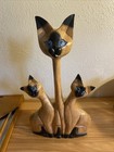 Wooden Siamese Cats With Blue Eyes Figurine