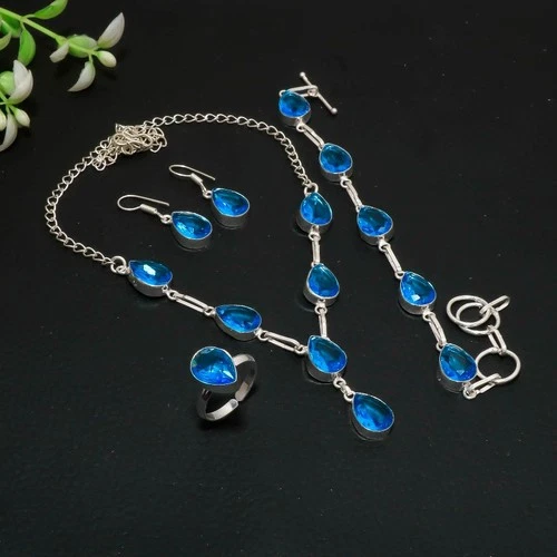 London Blue Topaz 925 Sterling Silver Pear Gemstone Handmade Jewelry Set AAB 204