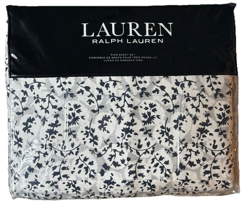 Ralph Lauren Eva Leaf Floral 4 Piece King Sheet Set Grey Navy 100% Cotton $300 - Picture 5 of 8