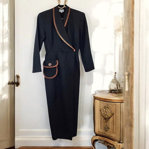 Vintage schwarz Wickel Maxi Kleid orange Borte 80er New Old Stock elegant witchy Gr. 6 - Bild 1 von 10