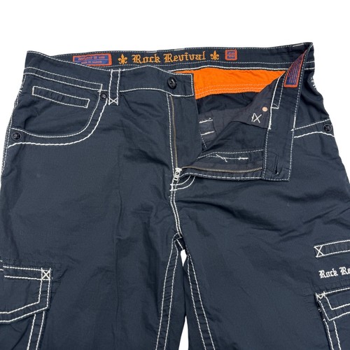 Pantalones cortos cargo Rock Revival clásicos negros para hombre 100 % algodón costuras blancas, talla 40 - Imagen 2 de 14