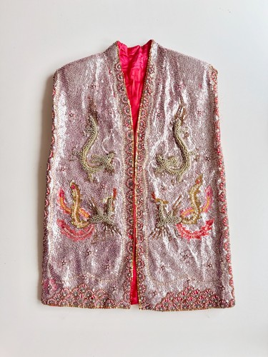 Chaleco de Boda Vintage Años 50 Chino Rosa Rojo Cuentas Lentejuelas Dragón Fénix Seda - Imagen 5 de 19