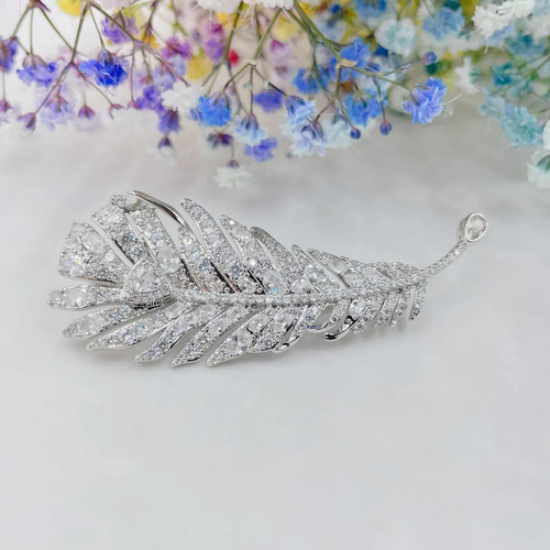 Attractive Feather Brooch Pin 3 Ct Round Simulated Diamond 14k White Gold Plated