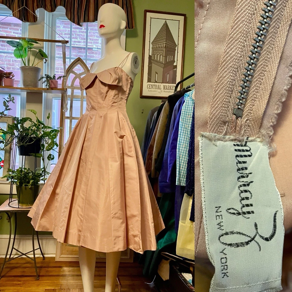 Vtg 40s 50s by Murry Z NY Full Circle Satin Party Dress~ Strapless w Shrug S - Image 2 of 4