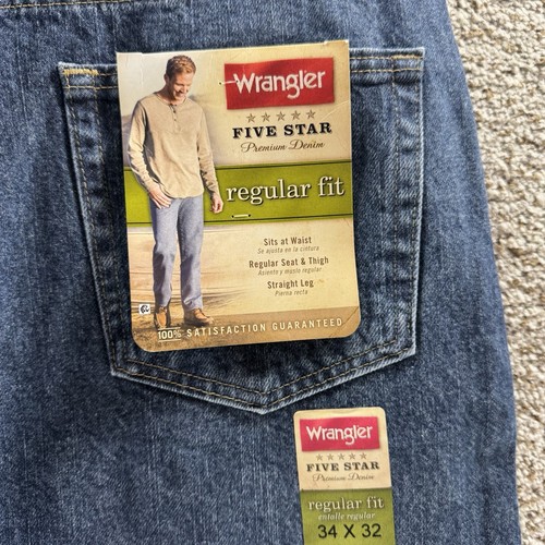 Wrangler Jeans Mens 34x32 Blue Denim Pants 5 Star Regular Fit New With Tags Work - Picture 2 of 10