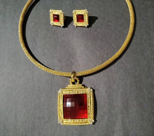 Goldfarben Mesh Choker Halskette Anhänger Ohrringe Set Rot Glas Strass Schmuck - Bild 18 von 23