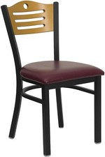 Black Slat Back Metal Restaurant Chair With Burgundy Vinyl Seat
