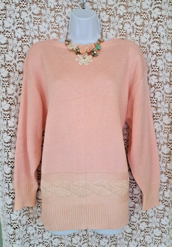 Leslie Fay Sweater Size L Peach Knit Detail Boat Neck Pullover Union Made Vtg