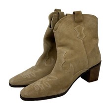 Zara Split Suede Embroidered Heel Cowboy Boot Tan 10