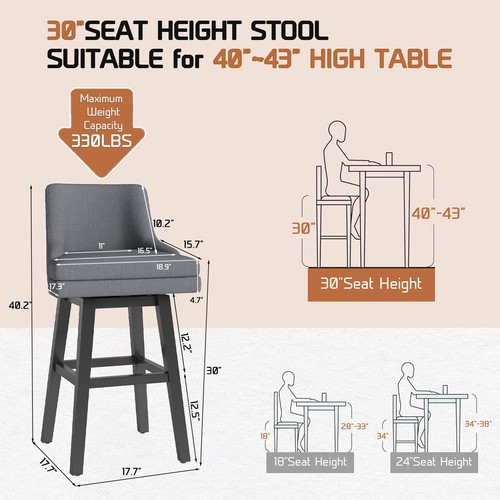30" Fabric Bar Stools Set of 2/4 Counter Height Bar Stools Swivel Kitchen Chairs - Picture 22 of 25