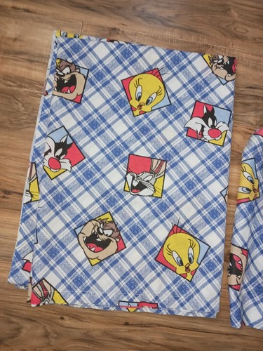 Vintage 1995 Looney Tunes Twin Sheets Set - Flat & Fitted Plaid Bugs Taz Tweety - Picture 3 of 6
