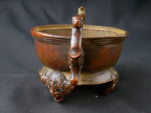 Large Hand Made Chinese Bronze 3 Legs Incense Burner W/2*Dragon* Er - Picture 5 of 12